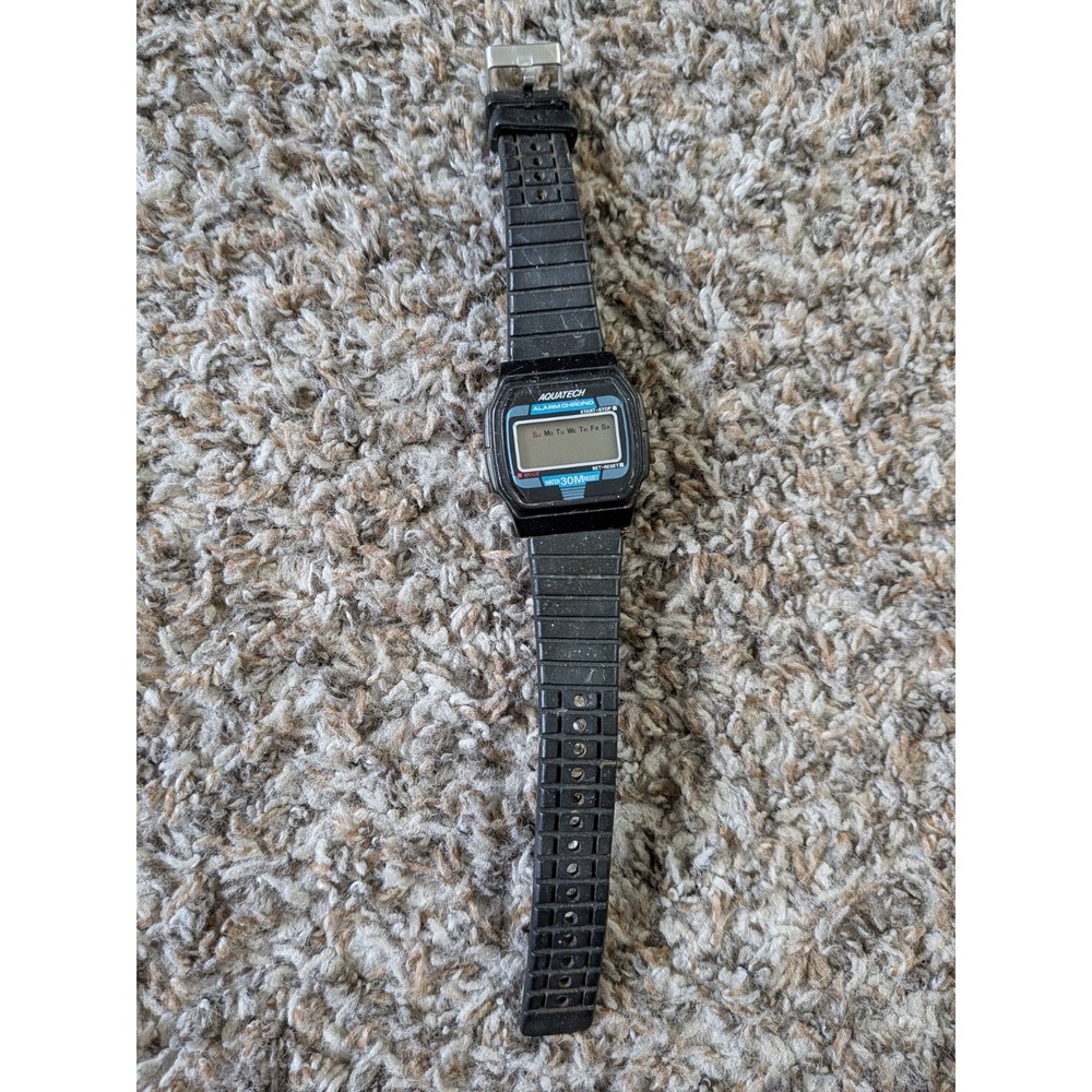 Vintage Aquatech LCD Watch Water Resistant 30m BLACK Model 828 20MM Untested